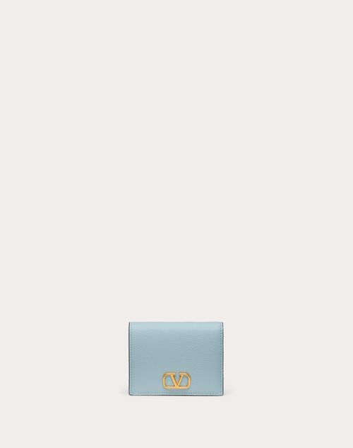 Valentino Garavani - Portefeuille Compact Vlogo Signature En Veau Grainé - Bleu Porcelaine - Femme - Wallets & Cardcases - Accessories