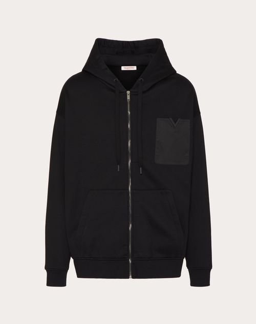 Valentino - Technical Cotton Sweatshirt With Hood, Zipper And Rubberized V Detail - Black - Man - T-shirts And Sweatshirts