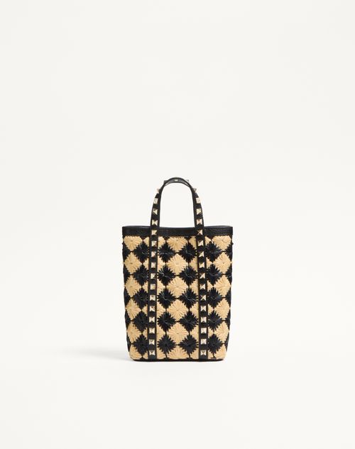 Valentino Garavani - Mini Tote With Synthetic Raffia Embroidered Rockstud Chain - Natural/black - Woman - Shelf - Vgd Accessories - Woman Accessories Sale