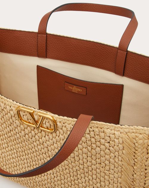 Valentino Garavani VLogo Signature Handbag with Raffia Embroidery Woman Natural/Saddle Brown Onesize