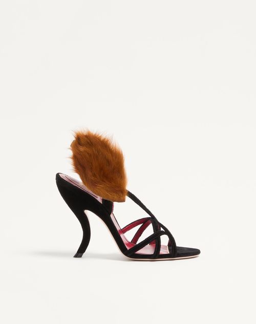 Valentino Garavani - Fetishique Velvet Sandal With Fur Leaf 105 Mm - Black - Woman - Sandals