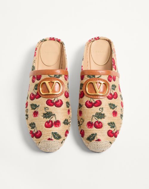 Valentino Garavani - Mules Vlogo Signature Avec Motif Cherryfic, Talon&nbsp;: 25&nbsp;mm - Naturel/rouge - Femme - Espadrilles Et Compensées