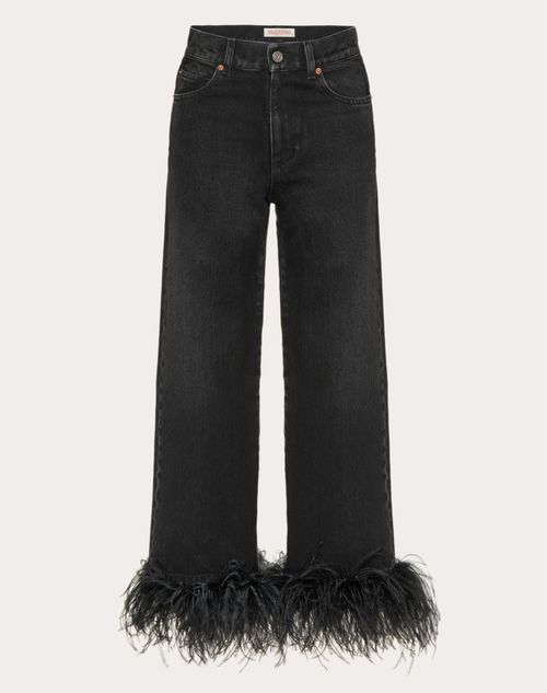 Valentino - Denim Jeans Embroidered With Feathers - Black - Woman - Denim Pants