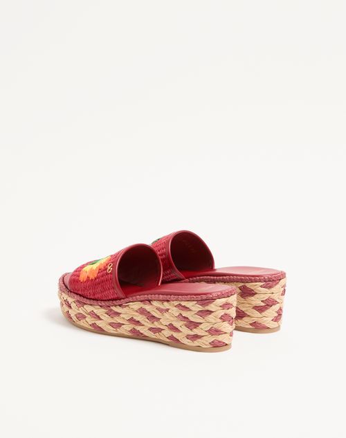 Valentino Garavani - Bribri Raffia Wedge Slide With Floral Embroidery 65mm - Red - Woman - Espadrilles And Wedges