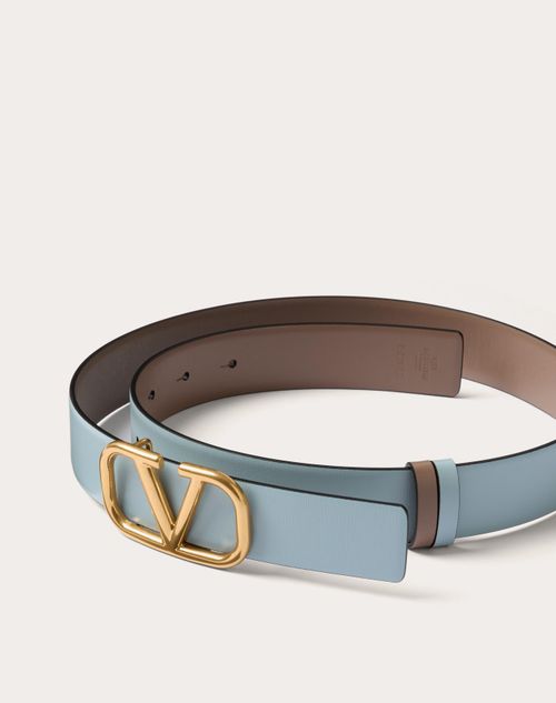 Valentino Garavani - Ceinture Réversible Vlogo Signature En Veau Brillant, Hauteur 30 mm - Bleu Porcelaine/clay - Femme - Ceintures