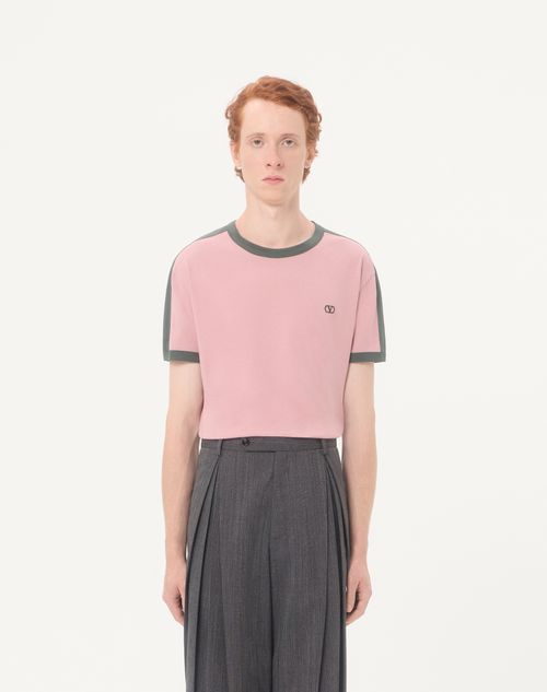 Valentino - Valentino Cotton T-shirt With Crew Neck, Contrasting Side Bands And Vlogo Embroidery - Pink/green - Man - T-shirts And Sweatshirts