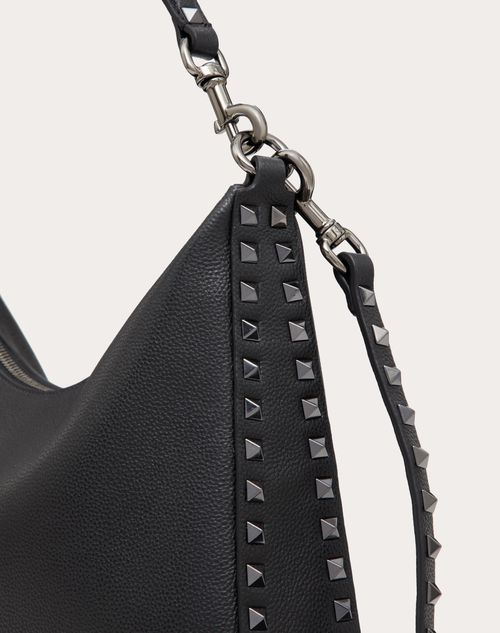 Rockstud Hobo Bag In Grainy Calfskin for Woman in Black Rockstud Hobo Bag In Grainy Calfskin for Woman in Black