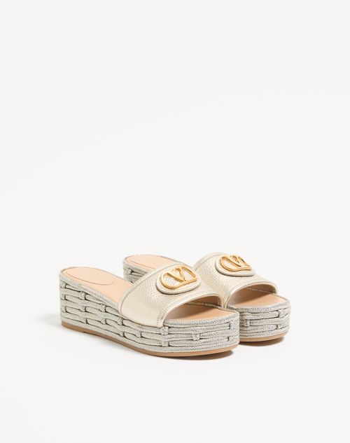 Valentino Garavani - Vlogo Signature Wedge Slide In Laminated Grainy Calfskin 60mm - Platinum - Woman - Espadrilles And Wedges