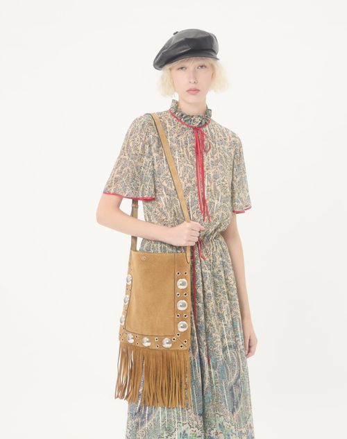 Valentino Garavani - Valentino Garavani Nellcôte Suede Shoulder Bag With Fringes - Beige - Woman - Shoulder Bags