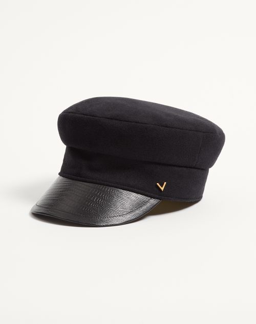 Valentino Garavani - Valentino Garavani Vlogo Signature Wool And Printed Leather Cap - Black - Woman - Hats And Gloves
