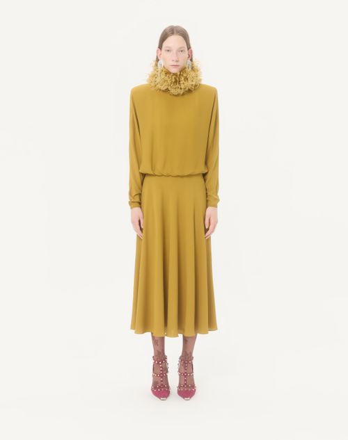 Valentino - Abito Midi In Georgette Con Piume - Ocra - Donna - Abiti