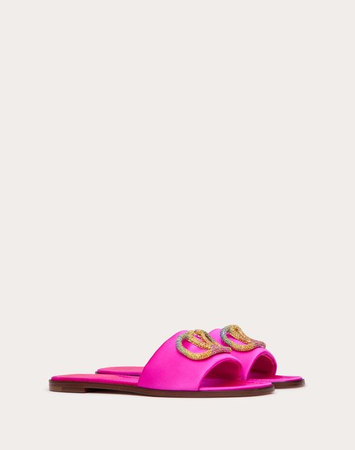 Valentino Garavani - Valentino Garavani Escape Slide Sandal In Satin With Crystals - Pink Pp/multicolor - Woman - Slides And Thongs
