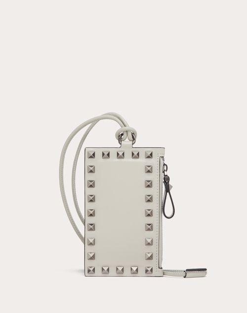 Valentino Garavani - Rockstud Calfskin Card Holder With Neck Strap - Grey - Man - Accessories