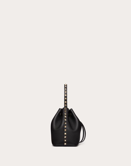 Rockstud Grainy Calfskin Bucket Bag for Woman in Black