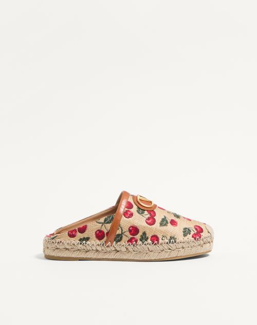 Valentino Garavani - Mules Vlogo Signature Avec Motif Cherryfic, Talon&nbsp;: 25&nbsp;mm - Naturel/rouge - Femme - Espadrilles Et Compensées