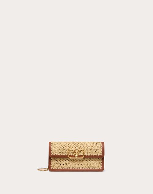 Valentino Garavani - Vlogo Signature Raffia Wallet With Chain - Natural/saddle Brown - Woman - Wallets And Small Leather Goods