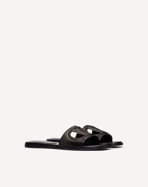 Valentino Garavani - Vlogo Cut-out Calfskin Slide Sandal - Black/antique Brass - Woman - Slides And Thongs