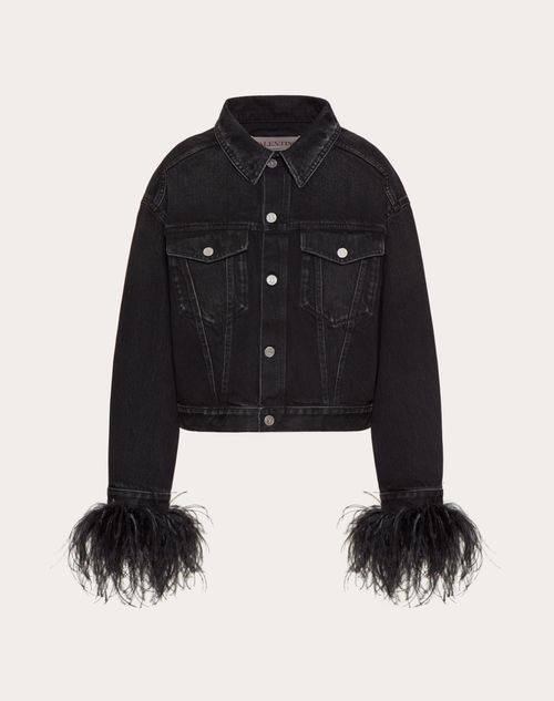 Embroidered Denim Jacket With Feathers for Woman in Black