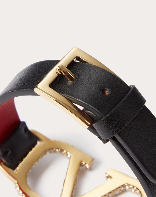 Valentino Garavani - Vlogo Signature Leather Bracelet With Swarovski® Crystals - Black/pure Red - Woman - Jewelry