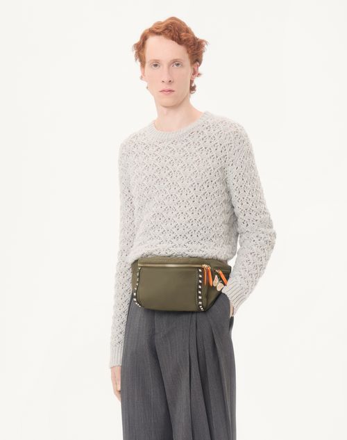 Valentino Garavani - Stud Up Waist Bag In Technical Fabric - Military Green - Man - Belt Bags