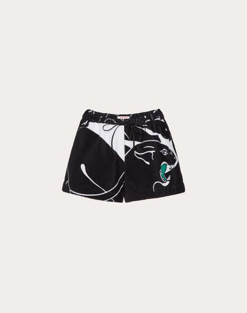 Valentino - Terry Cotton Panther Shorts - Black/white/green - Woman - Pants And Shorts