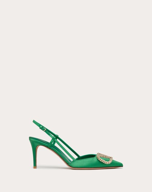 Valentino Garavani - Zapato De Satén Con Tacón De 80 mm, Correa Trasera Y El Vlogo Signature - Verde/cristal - Mujer - Rebajas Para Mujer