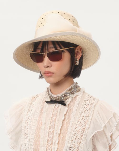 Valentino Garavani - Vlogo Signature Hat In Perforated Panama With Organza Bow - Natural - Woman - Soft Accessories - Accessories
