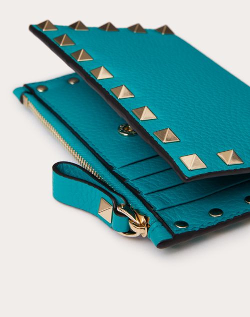 Valentino Garavani - Rockstud Grainy Calfskin Cardholder With Zipper - Ultra Marine Green - Woman - Wallets And Small Leather Goods