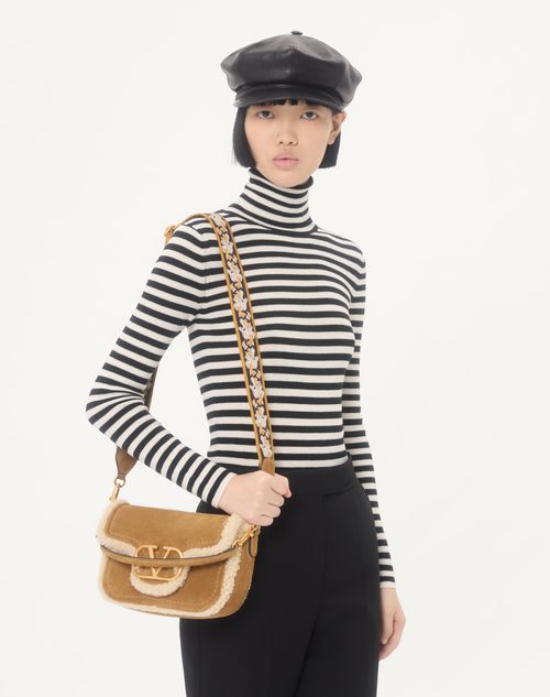 Valentino Garavani - Valentino Garavani Alltime Suede Shoulder Bag With Sheepskin Lining And Embroidered Ribbon Shoulder Strap - Havana Beige - Woman - Shoulder Bags