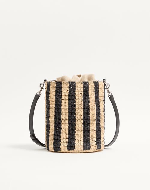 Valentino Garavani - Valentino Garavani Small Striped Raffia Bucket Bag - Natural/black - Woman - Shoulder Bags