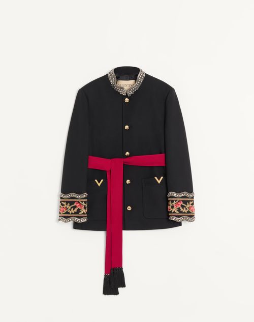 Valentino - Valentino Embroidered Jacket With Belt In Wool Gabardine With Vgold - Black - Man - Coats And Blazers