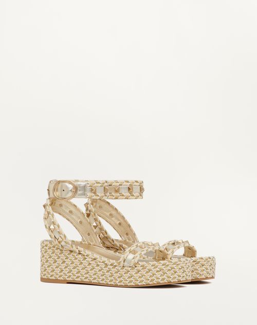 Valentino Garavani - Rockstud Flatform Sandal In Laminated Nappa Leather 45mm - Natural/ivory/gold/platinum - Woman - Espadrilles - Shoes