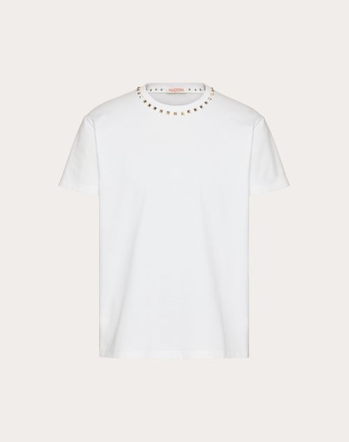 Valentino - Cotton Crewneck T-shirt With Black Untitled Studs - White - Man - Tshirts And Sweatshirts