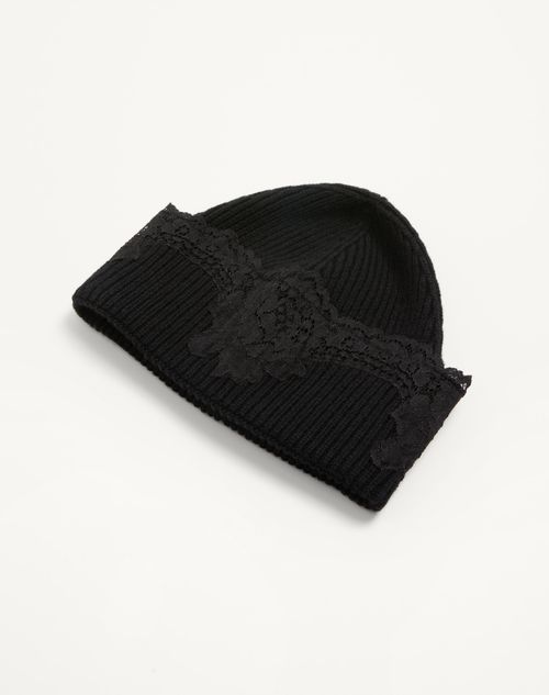Valentino Garavani - Vlogo Signature Cashmere And Lace Beanie - Black - Woman - Hats And Gloves