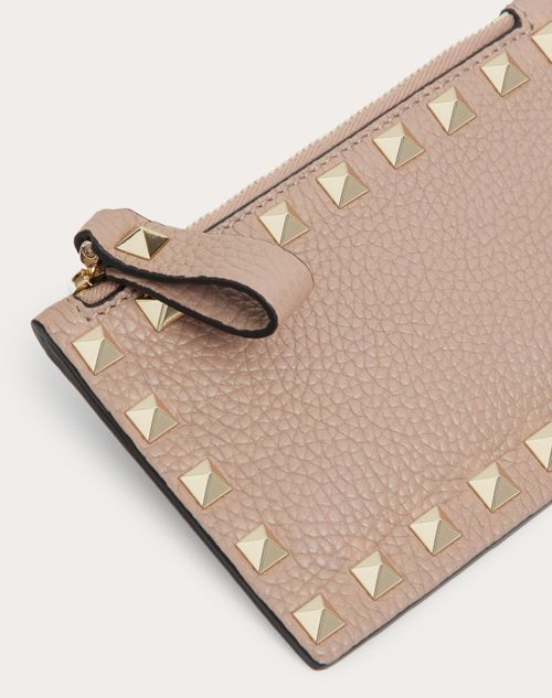Valentino Garavani - Rockstud Grainy Calfskin Cardholder With Zipper - Poudre - Woman - Coin Purses & Card Cases