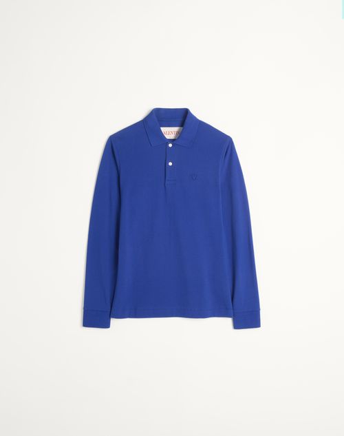 Valentino - Long-sleeved Cotton Piqué Polo Shirt With Vlogo Embroidery - Blue - Man - T-shirts And Sweatshirts