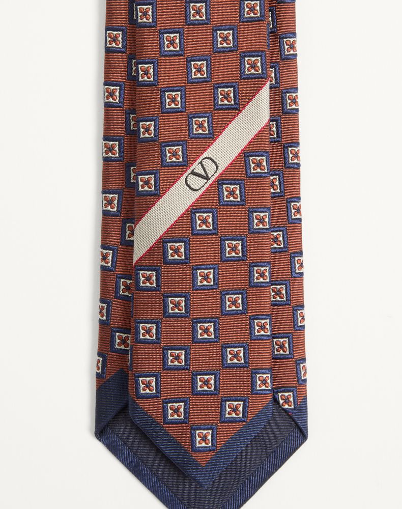 Valentino Garavani Valentie Jacquard Silk Tie With Geometric Pattern Man Orange/Blue/Ivory Uni