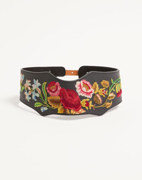 Valentino Garavani - Leather Belt With Floral Motif Embroidery 95 Mm - Multicolor - Woman - Woman