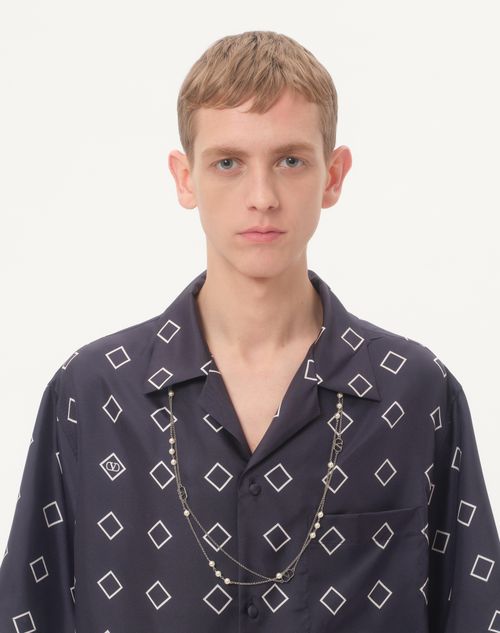 Valentino - Silk Twill Bowling Shirt With Opticool Print - Blue/butter - Man - Man Ready To Wear Sale