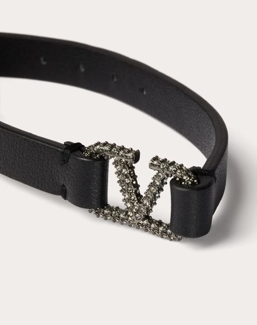 Valentino Garavani - Valentino Garavani Vlogo Signature Leather And Crystal Bracelet - Black - Woman - Leather Bracelets - Accessories