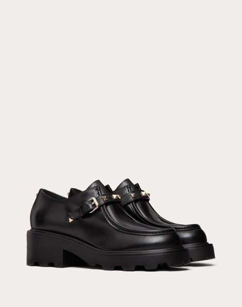 Valentino Garavani - Zapatos Monk Strap Rockstud De Cuero De Becerro Con Tacón De 55 mm - Negro - Mujer - Shelf - W Shoes - Loafers