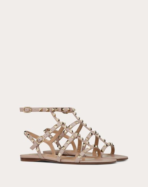 Valentino Garavani - Rockstud Flat Calfskin Sandal With Straps - Poudre - Woman - Flat Sandals