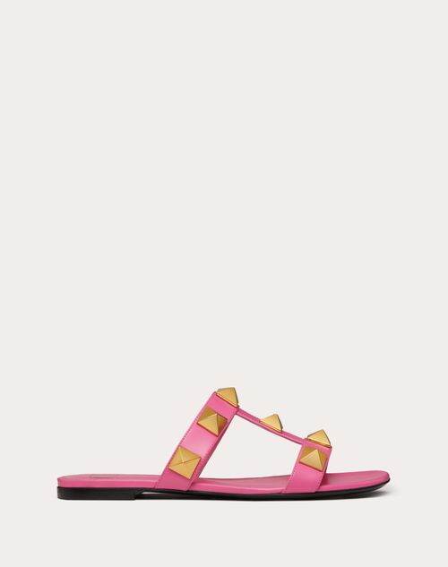 Valentino Garavani - Flat Roman Stud Calfskin Slide Sandal - Pink - Woman - Slides And Thongs