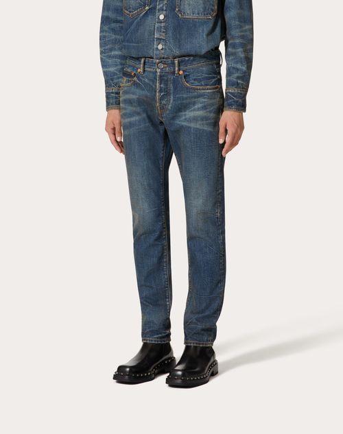 Denim Pants With Metallic V Detail for Man in Denim | Valentino US