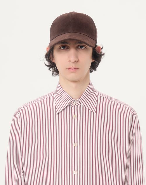 Valentino - Valentino Cotton Poplin Shirt With Striped Vlogo Embroidery - Butter/maroon - Man - Shirts