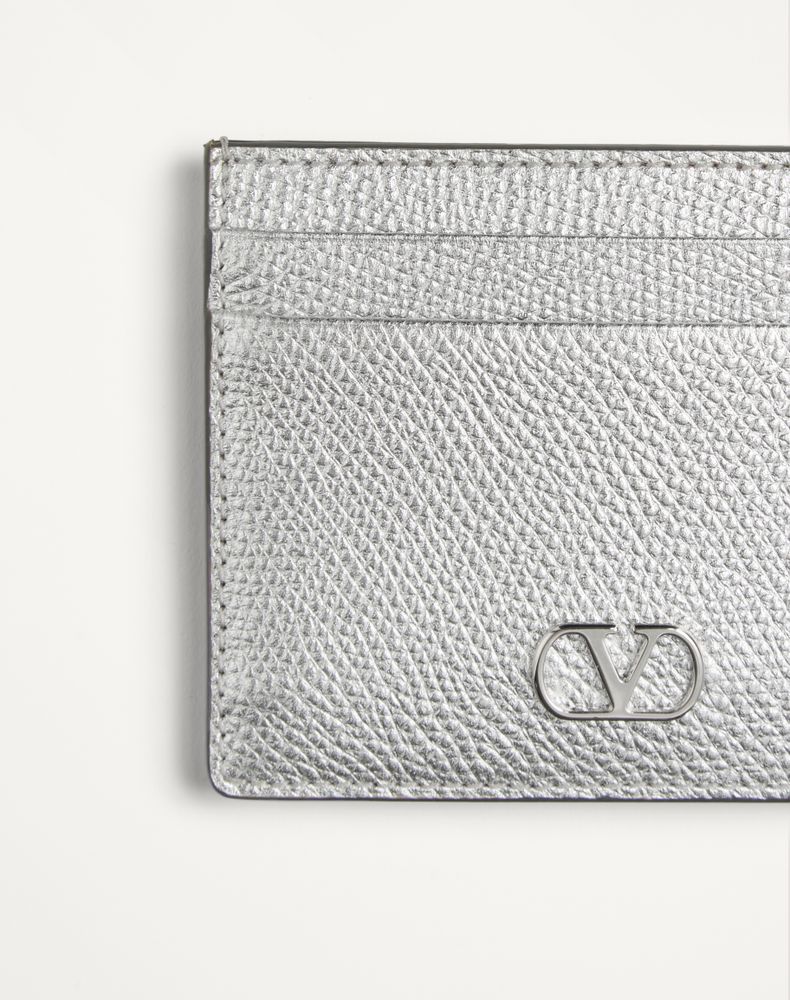 Valentino Garavani Vlogo Signature Cardholder In Laminated Grainy Calfskin Woman Silver Uni