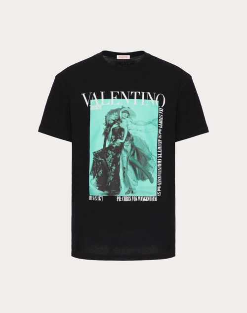 Valentino - Cotton Crewneck T-shirt With Valentino Archive 1971 Print - Black/green - Man - Man Sale
