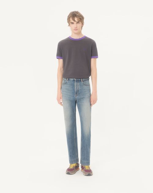 Valentino - Valentino Cotton T-shirt With Crew Neck, Contrasting Side Bands And Vlogo Embroidery - Anthracite/purple - Man - T-shirts And Sweatshirts