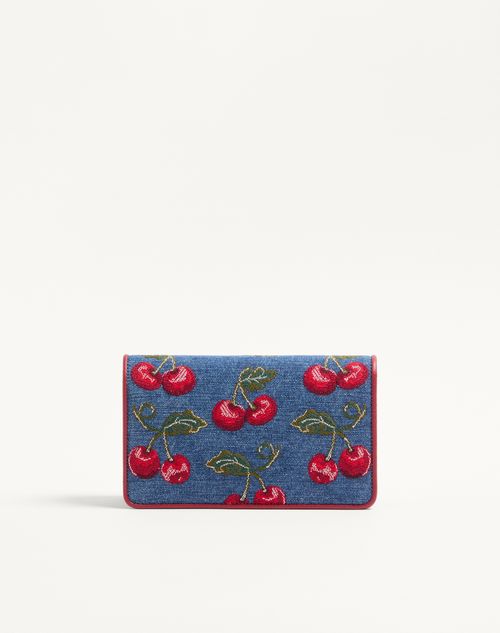 Valentino Garavani - Vlogo Signature Mini Shoulder Bag In Denim With Cherryfic Embroidery - Denim/multicolour - Woman - Clutches