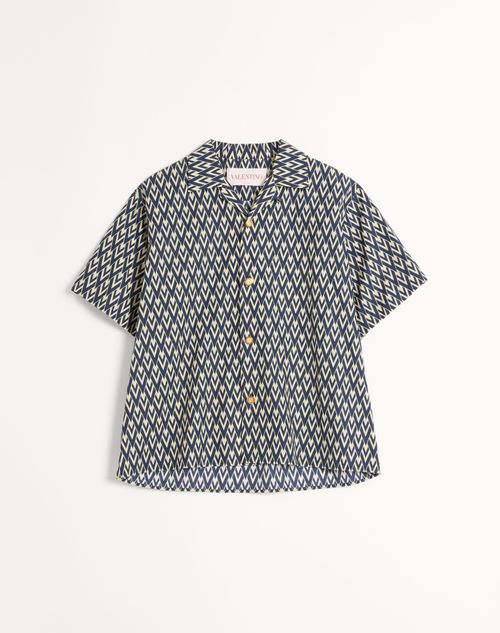 Valentino - Cotton Popeline Bowling Shirt With Toute La V Print - Navy/cream - Man - Shirts